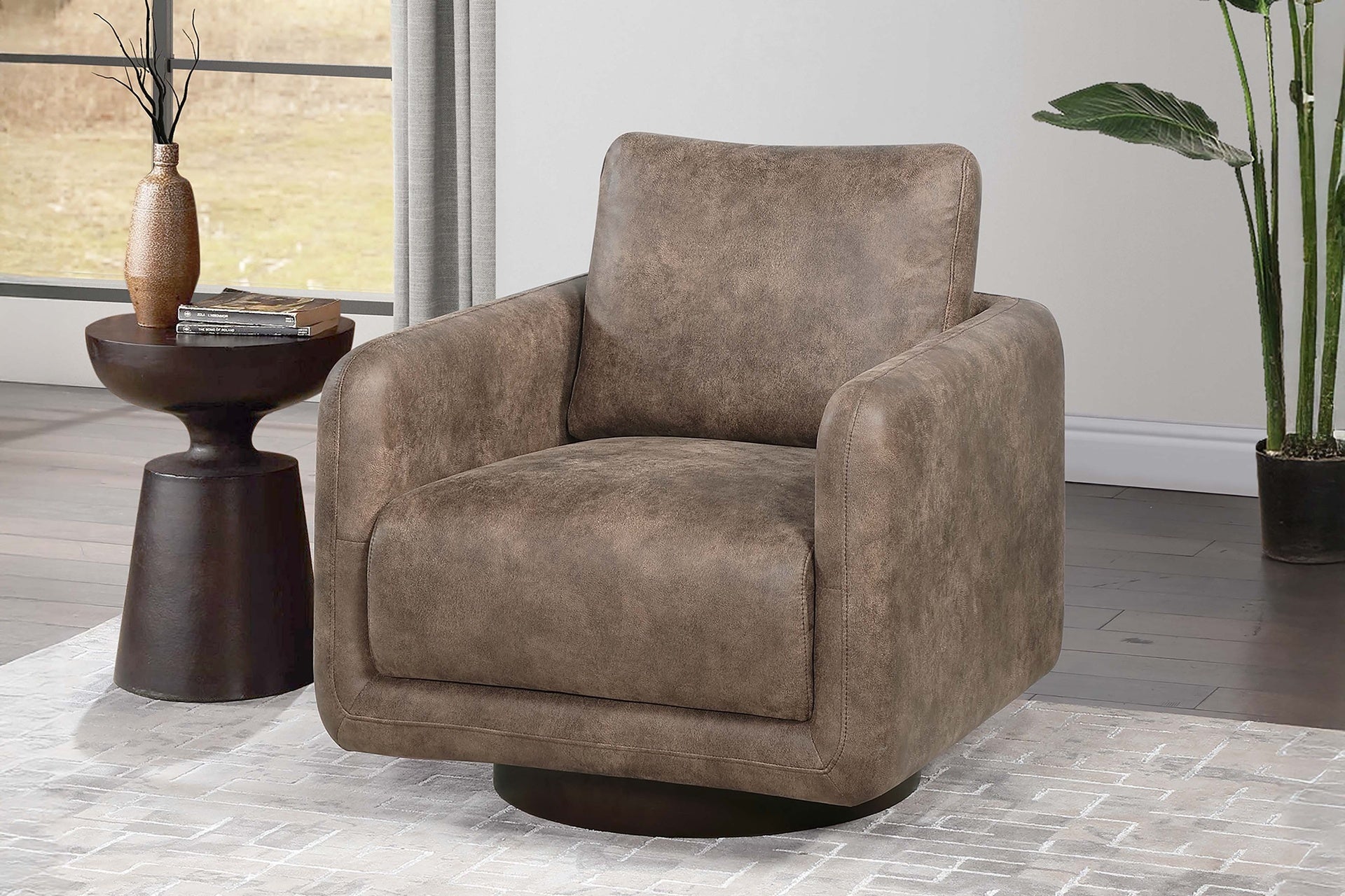 Gorgeous Auburn Color Leather Like Fabric 1pc Swivel Accent Chair Upholstered Living Room Chair Wooden Base