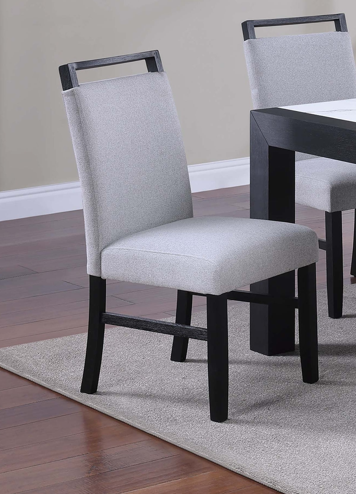 Contemporary Style 2pc Dining Chairs w Wooden handle Upper back Rest Charcoal Wooden Legs Soft Fabric Upholstered Chair