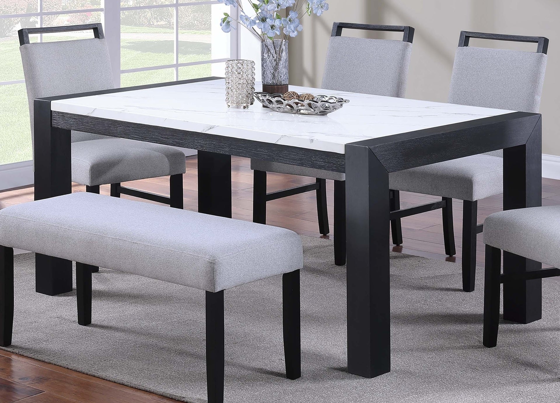 Elegant White Faux Marble Top 1pc Table Charcoal Legs Wooden Dining Table Modern Sleek Two-Tone Dining Table