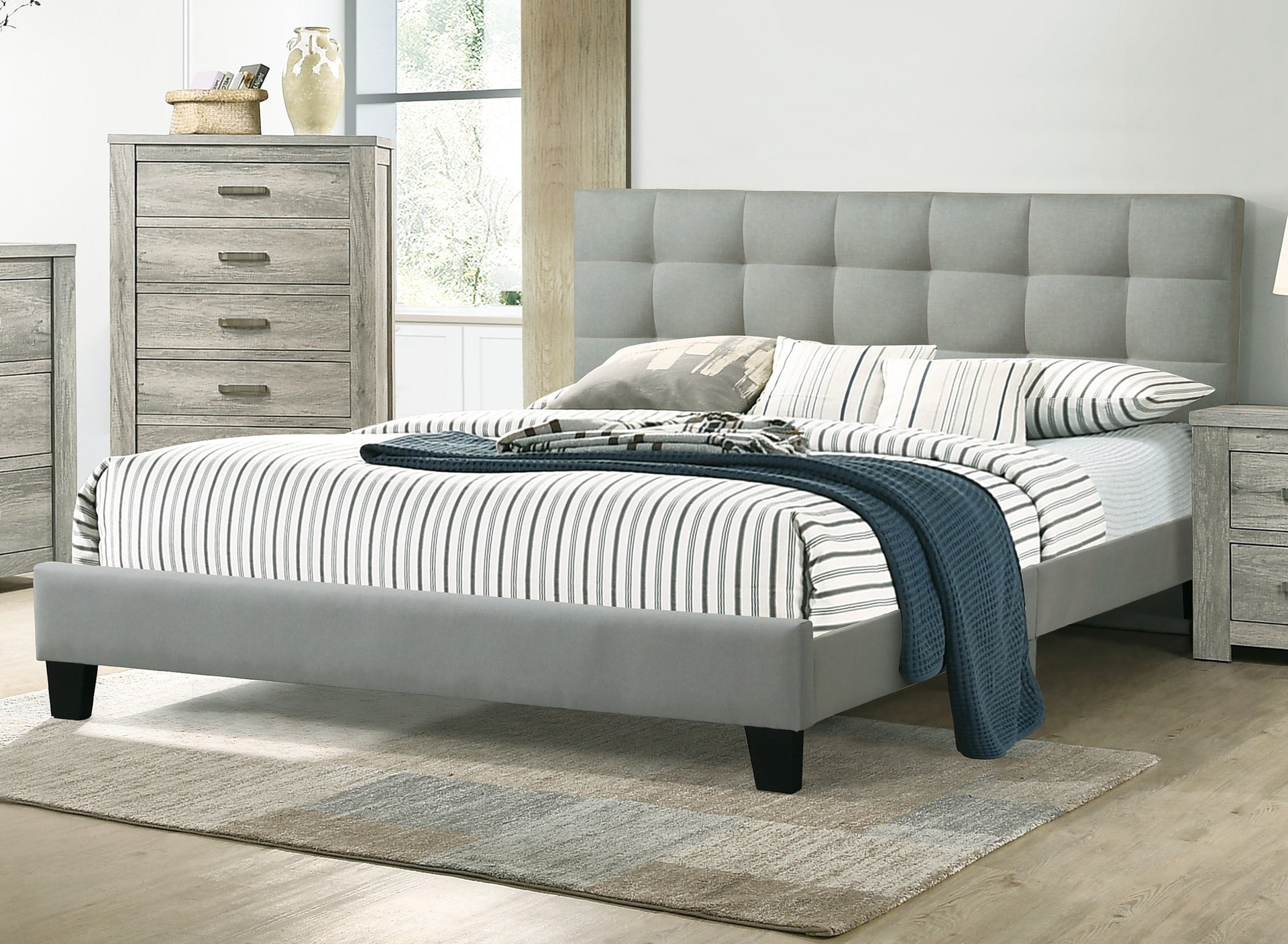 Contemporary 1pc Full Size Bed Grey Polyfiber Tufted Headboard Platform Bedframe Bedroom Furniture