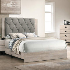 Contemporary 1pc Cream Finish California King Size Bed Bedroom Furniture Gray Tufted Design Headboard Rubberwood 1pc Bedframe