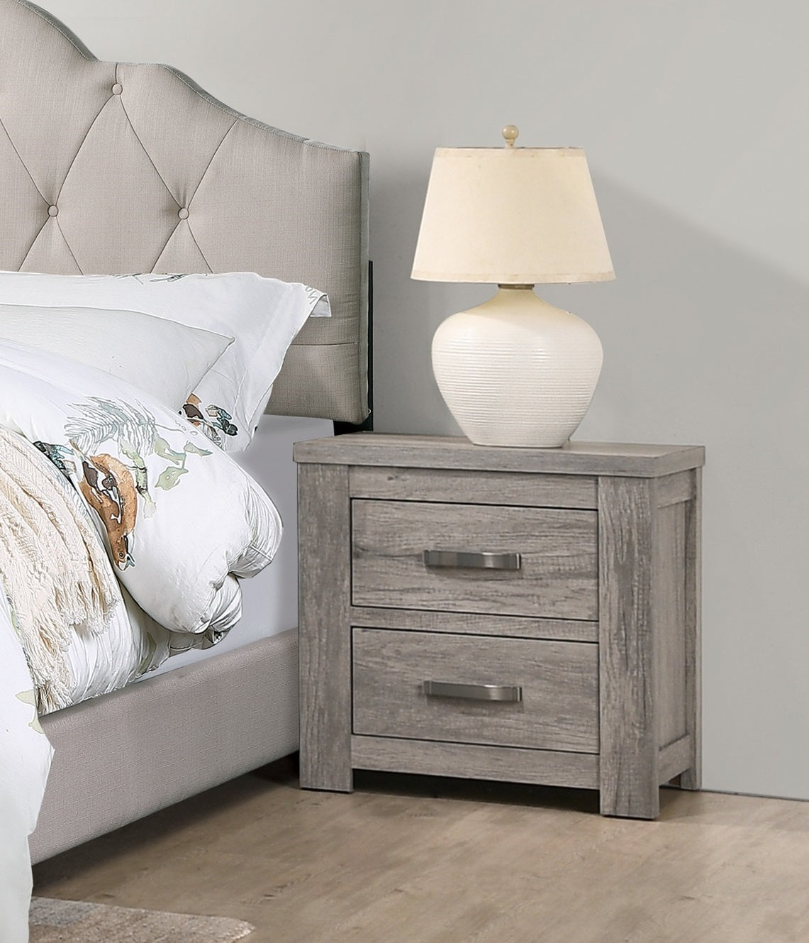 Bedroom Furniture Rustic Light Grey Simple 1pc Nightstand 2-Drawers Bed Side Table Solidwood