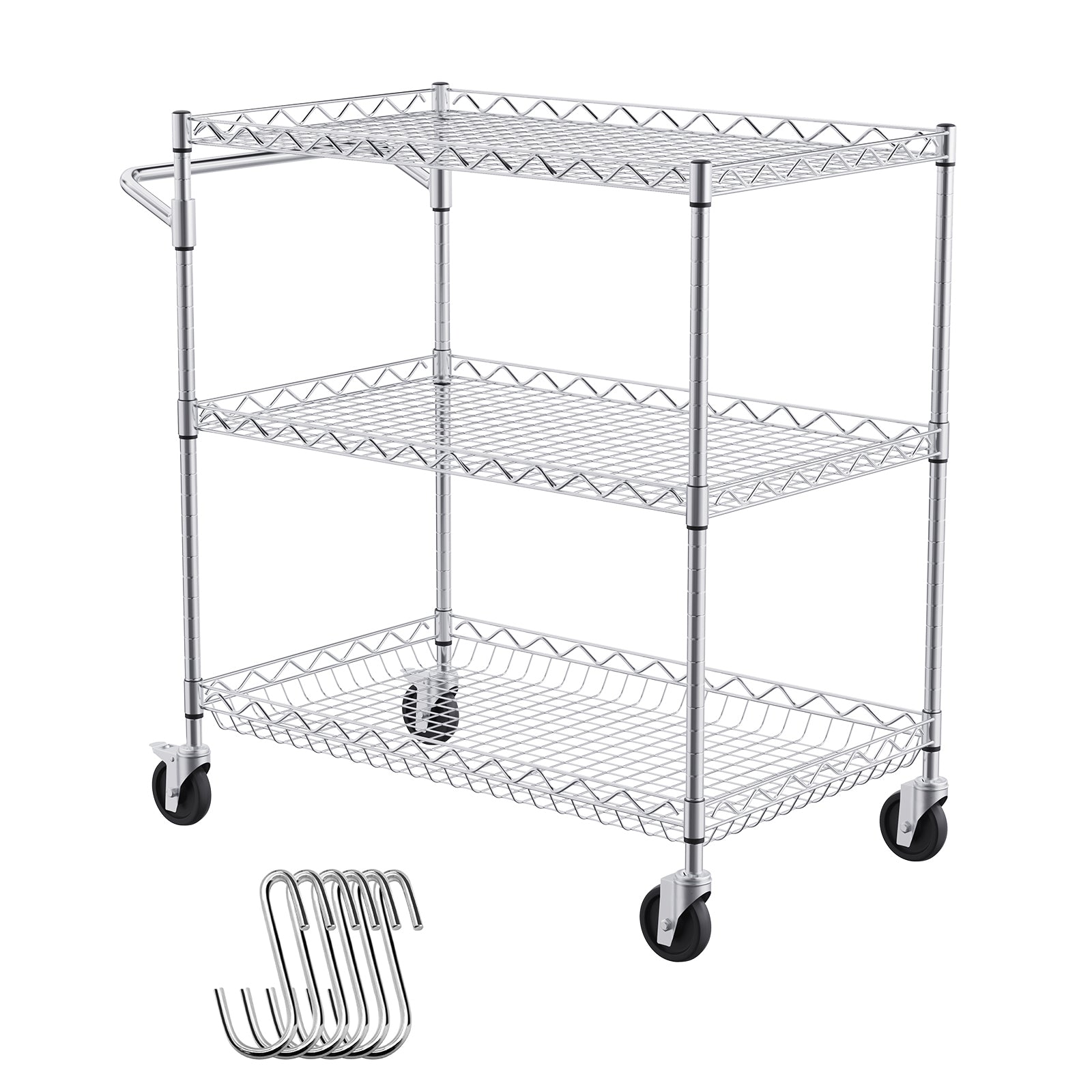 3-Tier Utility Cart Rolling Cart on Wheels 30"x18"x32.4" 661 LBS 6 Hooks