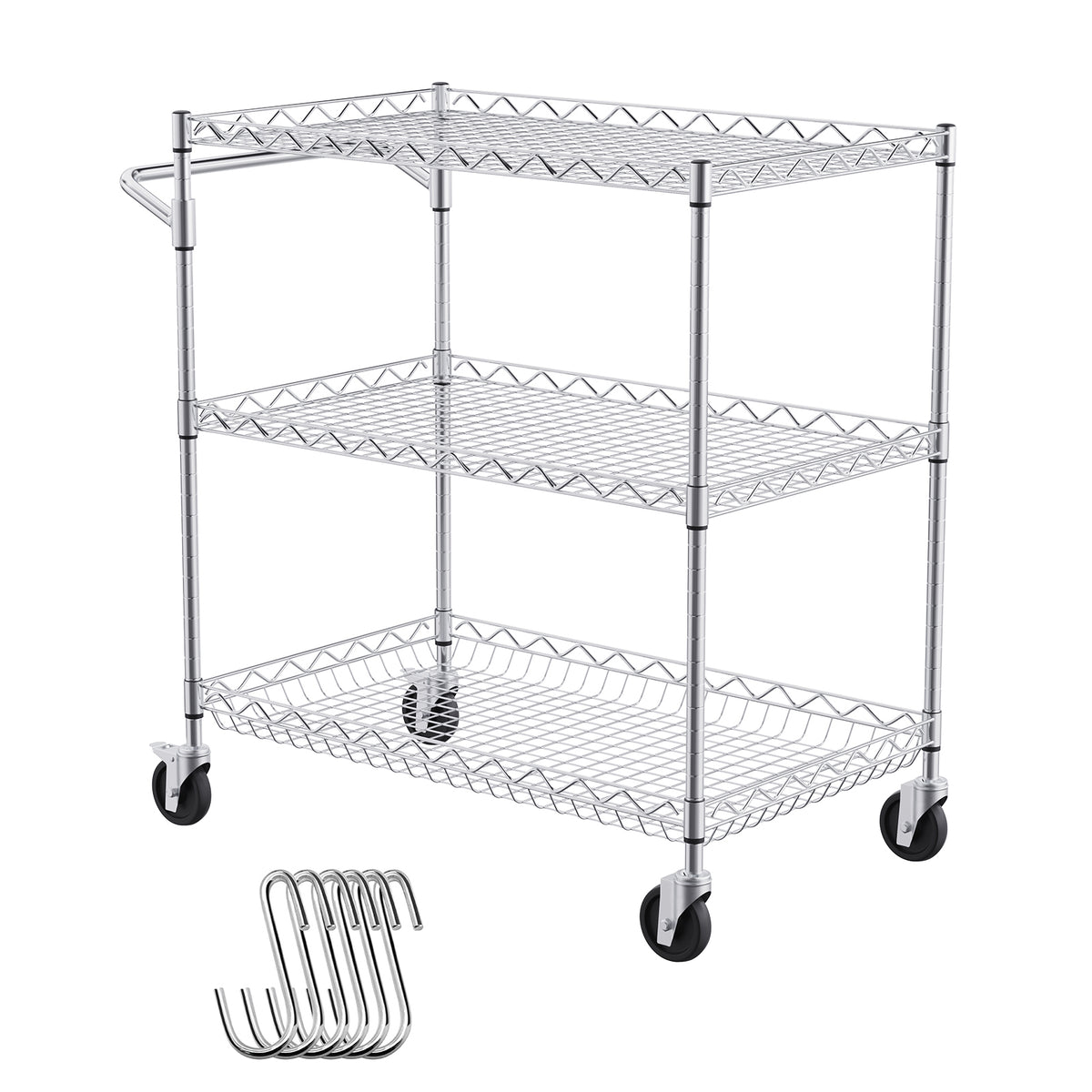 3-Tier Utility Cart Rolling Cart on Wheels 30"x18"x32.4" 661 LBS 6 Hooks