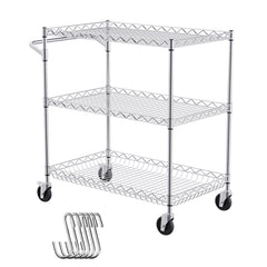 3-Tier Utility Cart Rolling Cart on Wheels 30"x18"x32.4" 661 LBS 6 Hooks