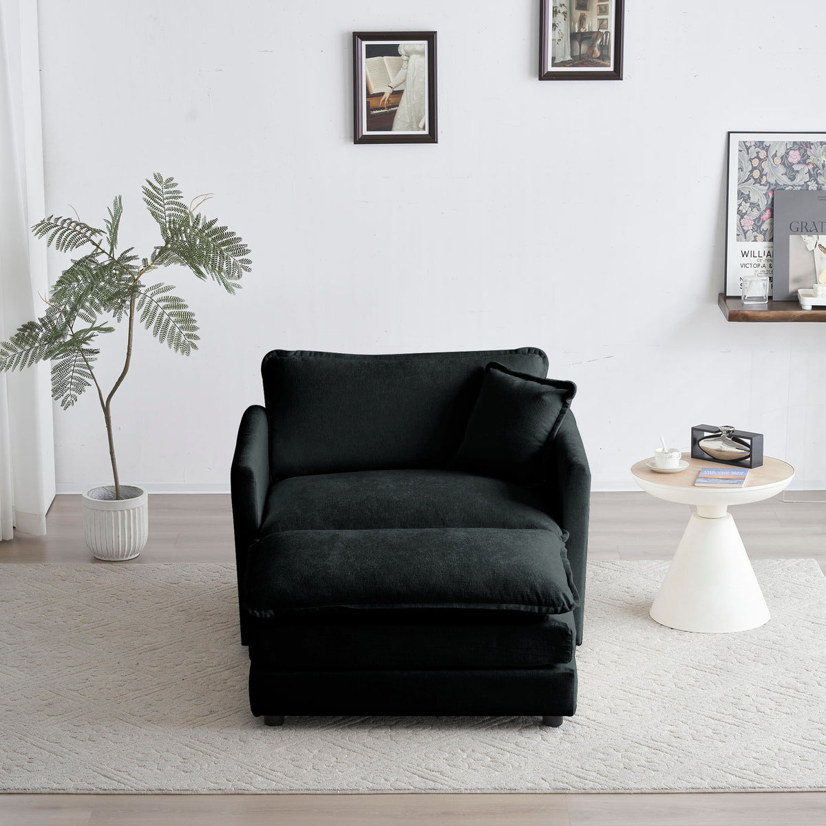 Modern Accent Chair with Ottoman, Living Room Club Chair Chenille Upholstered Armchair , Reading Chair for Bedroom, Black Chenille