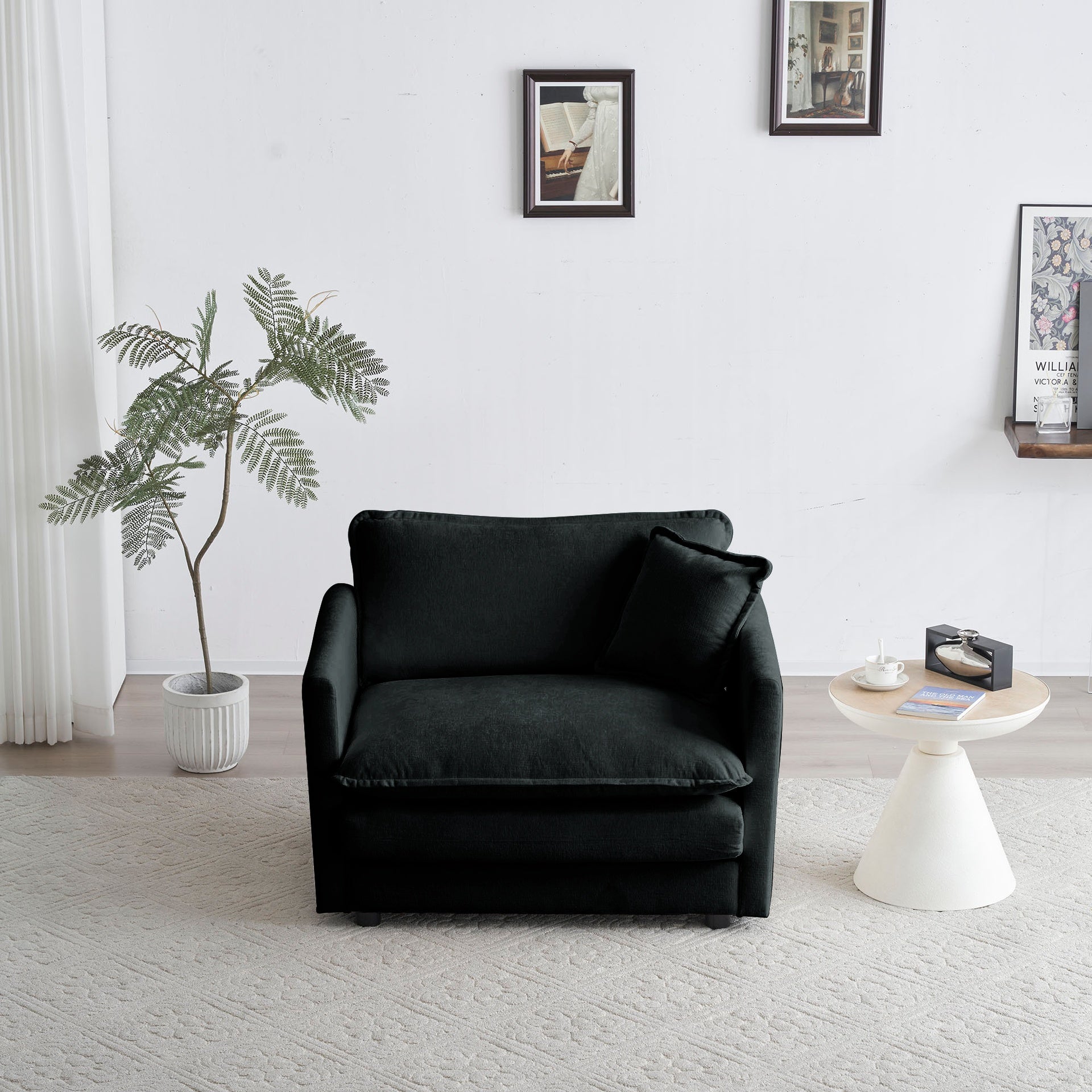 Modern Accent Chair with Ottoman, Living Room Club Chair Chenille Upholstered Armchair , Reading Chair for Bedroom, Black Chenille