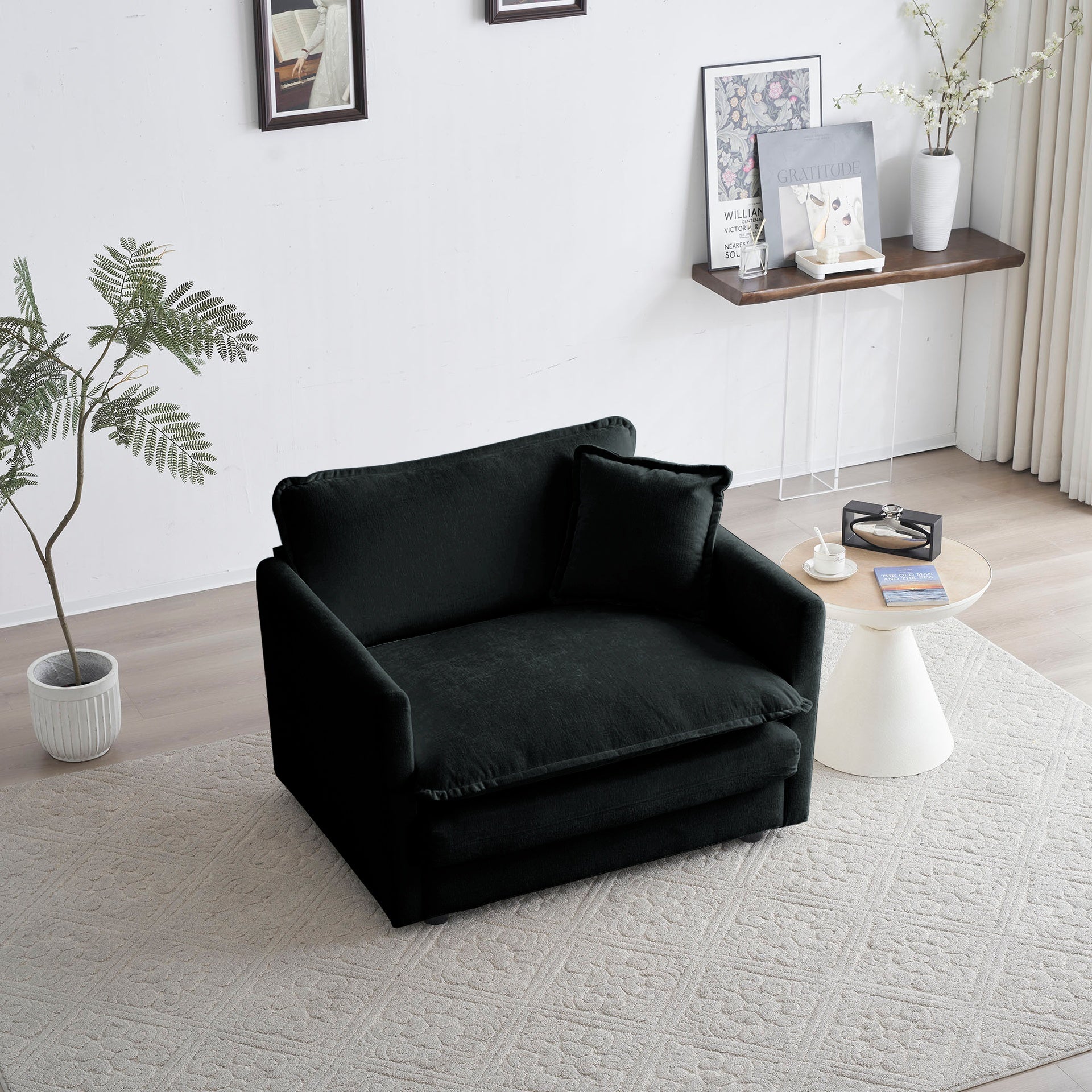 Modern Accent Chair with Ottoman, Living Room Club Chair Chenille Upholstered Armchair , Reading Chair for Bedroom, Black Chenille