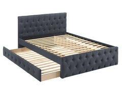 Contemporary Full Size Bed w/ Trundle Slats Charcoal Burlap Upholstered Button Tufted Headboard Footboard Youth Bedroom Furniture wooden Slats 1pc Bed
