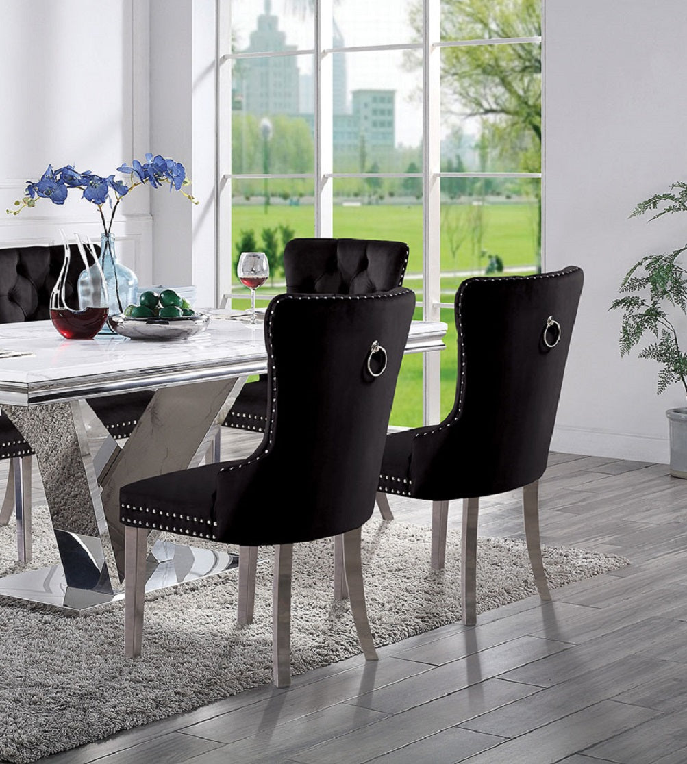 Contemporary Black Color Flannelette 2pcs Side Chairs Button-Tufted Upholstered Dining Chairs Wingback Design Furniture Set