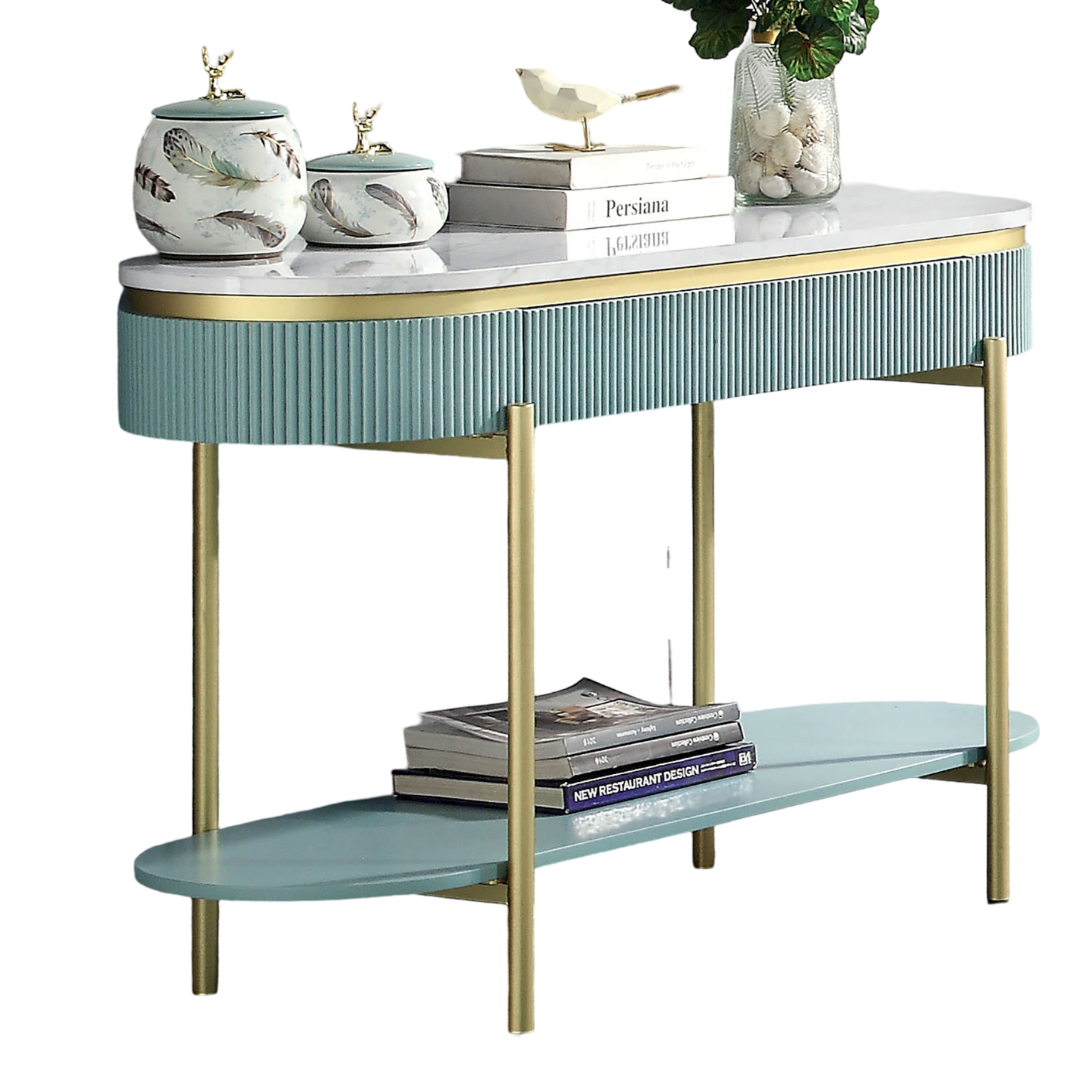 Glam Contemporary Light Teal 1pc Sofa Table White Faux Marble Top Living Room Side Table Open Bottom Shelve