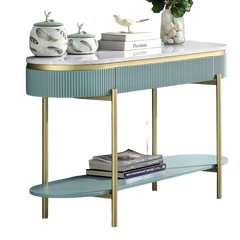 Glam Contemporary Light Teal 1pc Sofa Table White Faux Marble Top Living Room Side Table Open Bottom Shelve