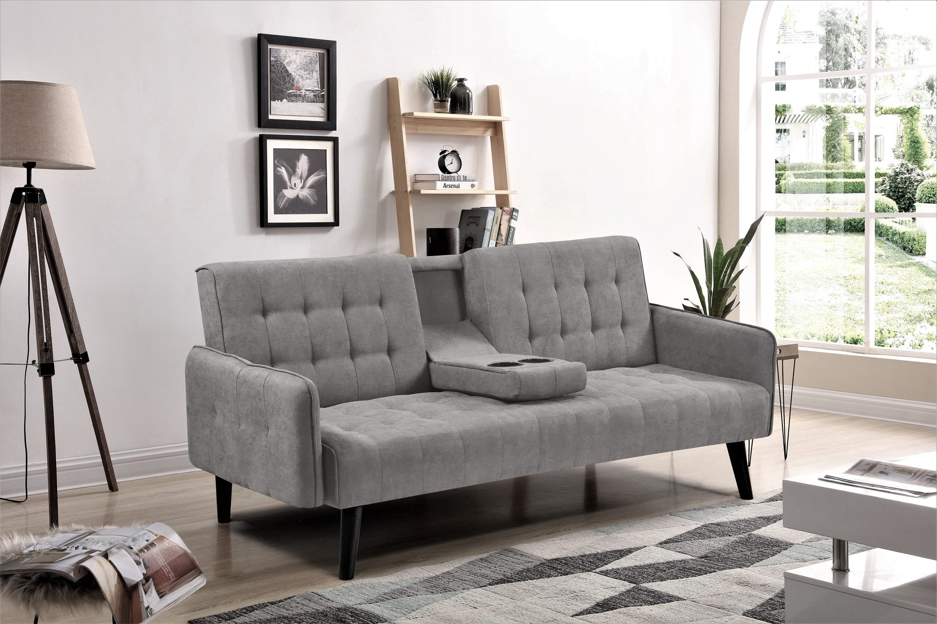 72" Sleeper Sofa Bed - Convertible Folding Backrest to Full Bed with Cup Holder & Drop-Down Table - Space Saving Linen Sofa for Small Spaces - Easy Assembly, Grey
