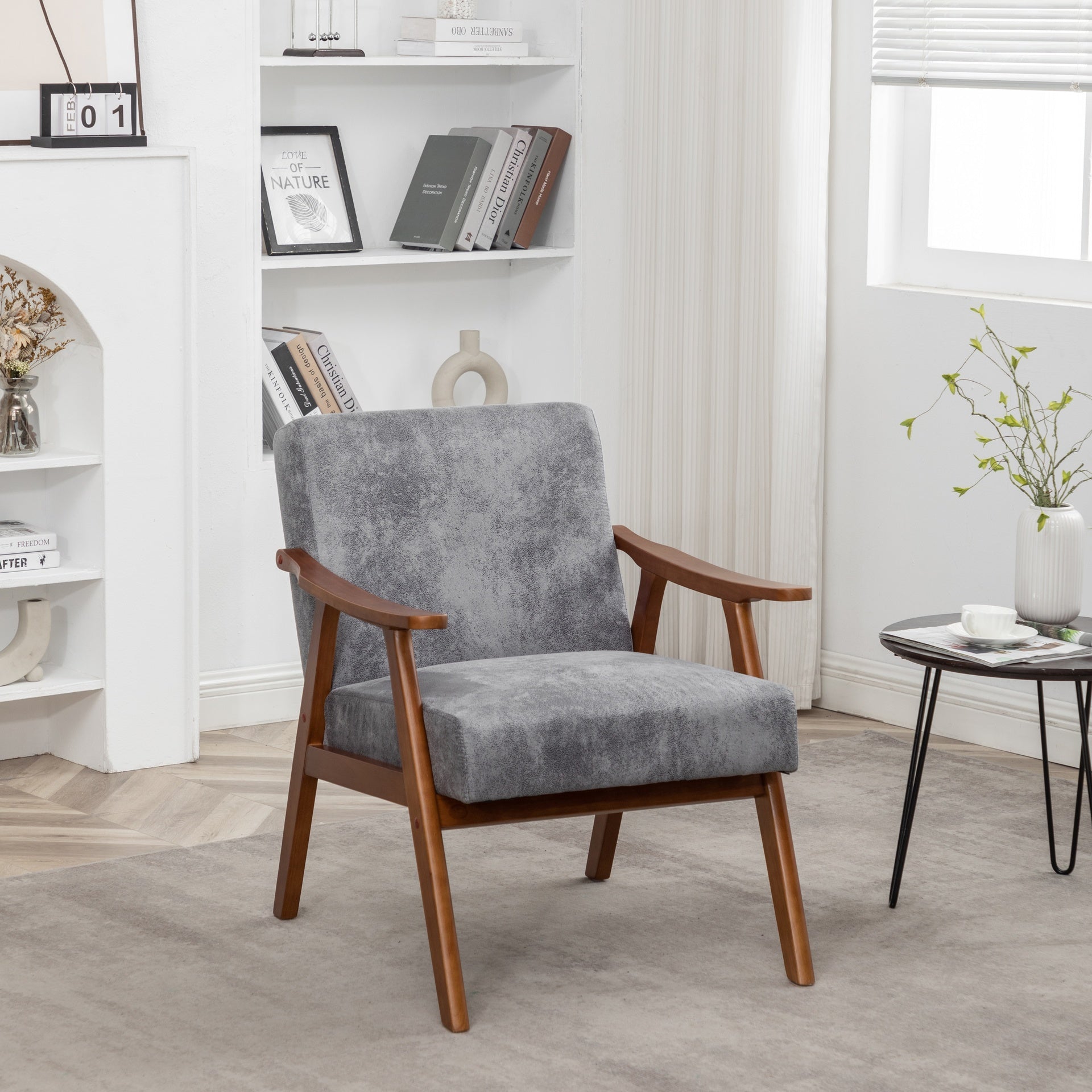 Accent Chair with Microfiber Upholstery and Solid Wood Frame, Classic Mid-Century Modern Living Room Furniture for Extra Seating, Grey