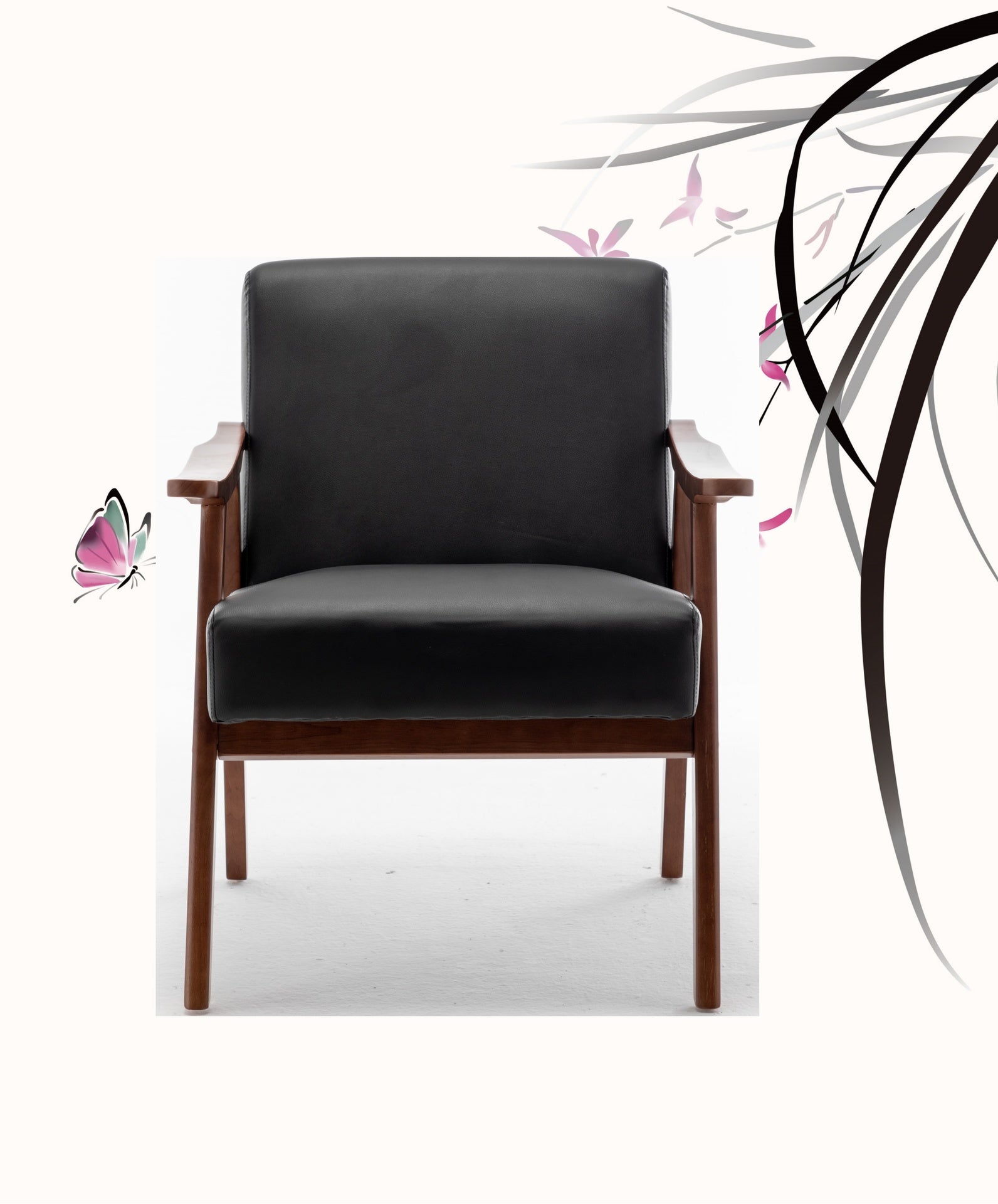 Accent Chair with Microfiber Upholstery and Solid Wood Frame, Classic Mid-Century Modern Living Room Furniture for Extra Seating, Black PU/PVC