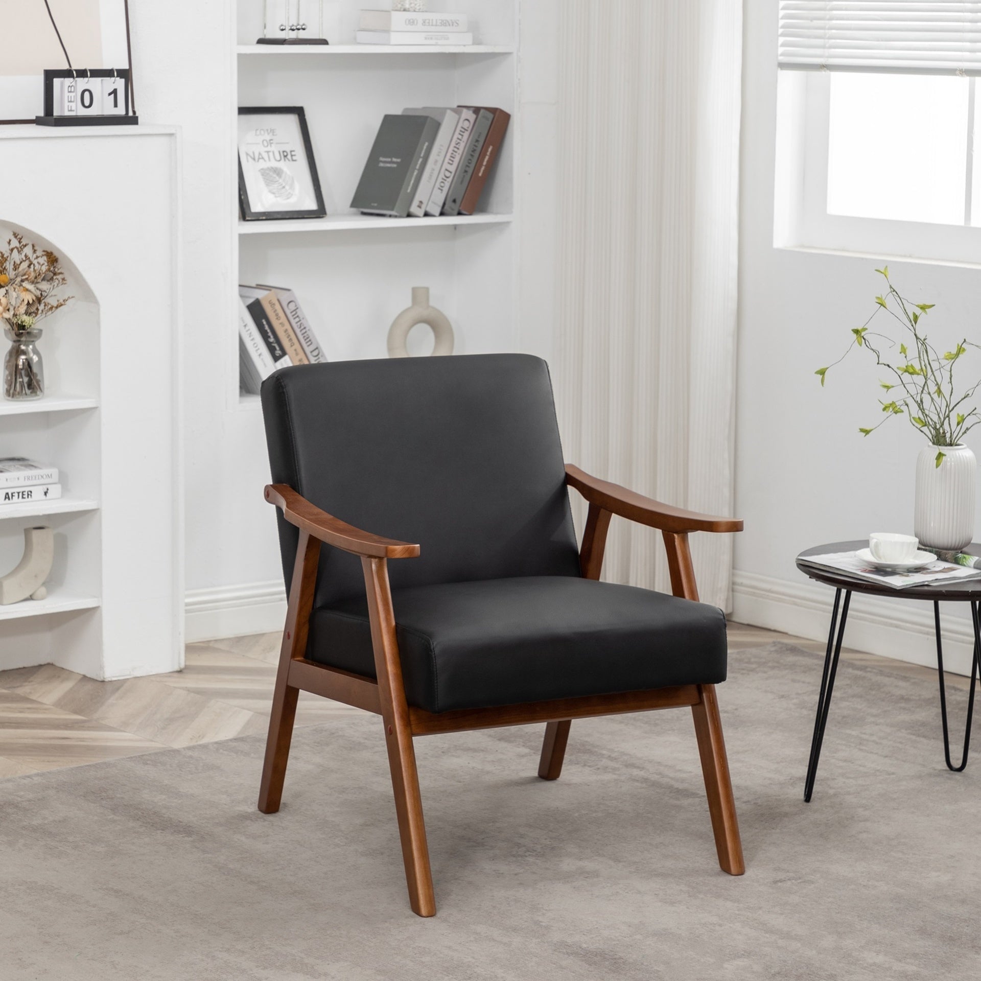 Accent Chair with Microfiber Upholstery and Solid Wood Frame, Classic Mid-Century Modern Living Room Furniture for Extra Seating, Black PU/PVC