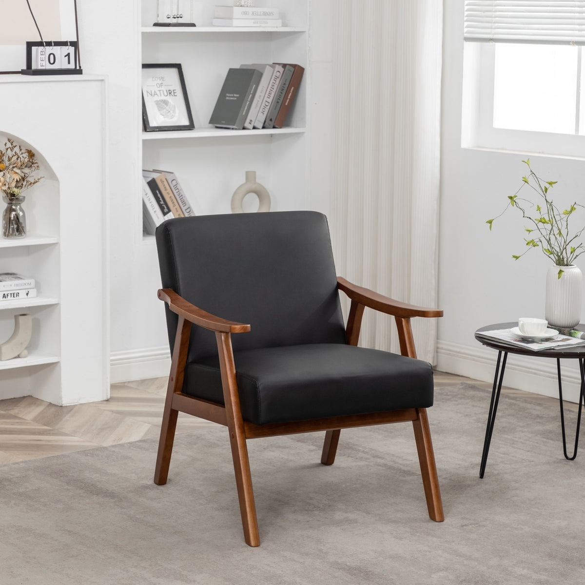 Accent Chair with Microfiber Upholstery and Solid Wood Frame, Classic Mid-Century Modern Living Room Furniture for Extra Seating, Black PU/PVC