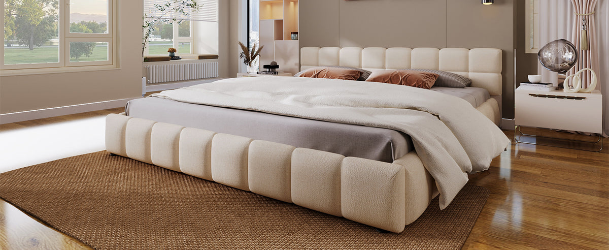 Elegant Beige Chenille Upholstered Bed with Checkerboard Design, King, Beige