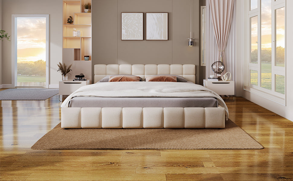 Elegant Beige Chenille Upholstered Bed with Checkerboard Design, King, Beige