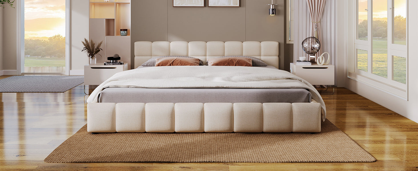 Elegant Beige Chenille Upholstered Bed with Checkerboard Design, King, Beige