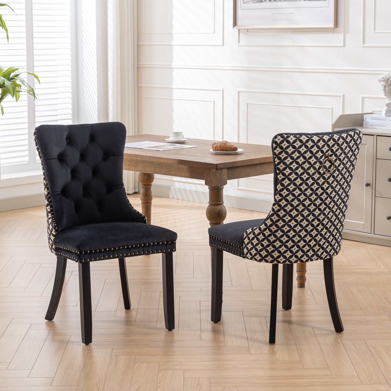Classic Velvet Dining Chairs,  High-end Tufted Solid Wood Contemporary Velvet Upholstered Dining Chair with Wood Legs Nailhead, SET OF 2,Black and Patterned,SW2201BK