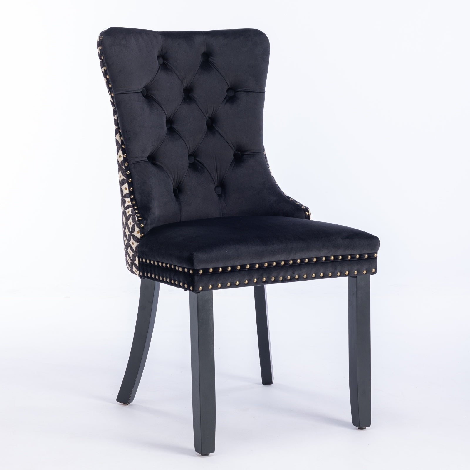 Classic Velvet Dining Chairs,  High-end Tufted Solid Wood Contemporary Velvet Upholstered Dining Chair with Wood Legs Nailhead, SET OF 2,Black and Patterned,SW2201BK