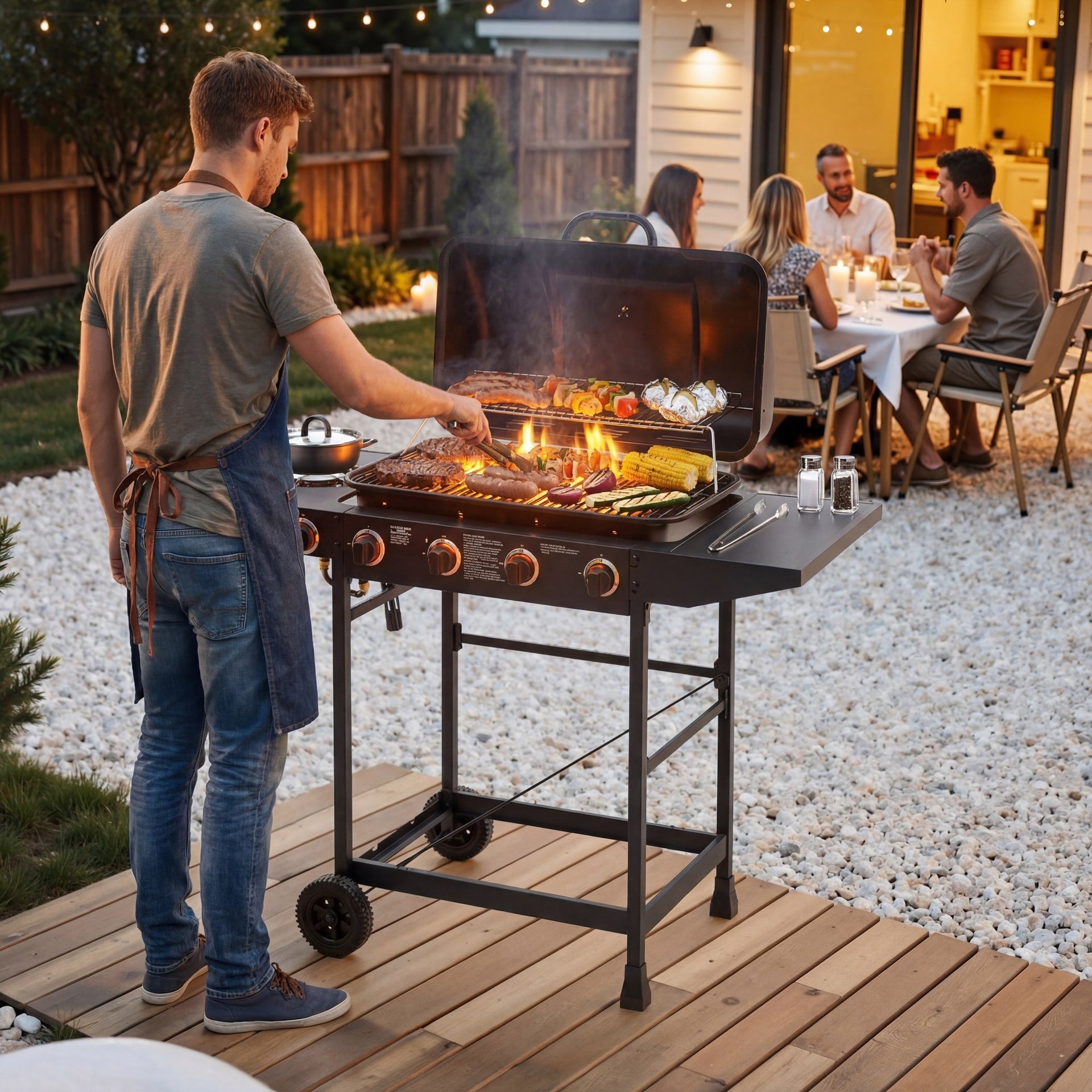 4 Burner BBQ Propane Gas Grill with Side Burner 42000 BTU Output Stainless Steel Barbecue Grill with Enamel-Coated Grates and Side Tables for Outdoor Cooking Kitchen and Patio Backyard.