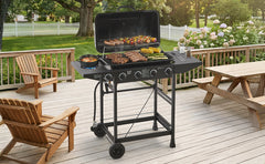 4 Burner BBQ Propane Gas Grill with Side Burner 42000 BTU Output Stainless Steel Barbecue Grill with Enamel-Coated Grates and Side Tables for Outdoor Cooking Kitchen and Patio Backyard.