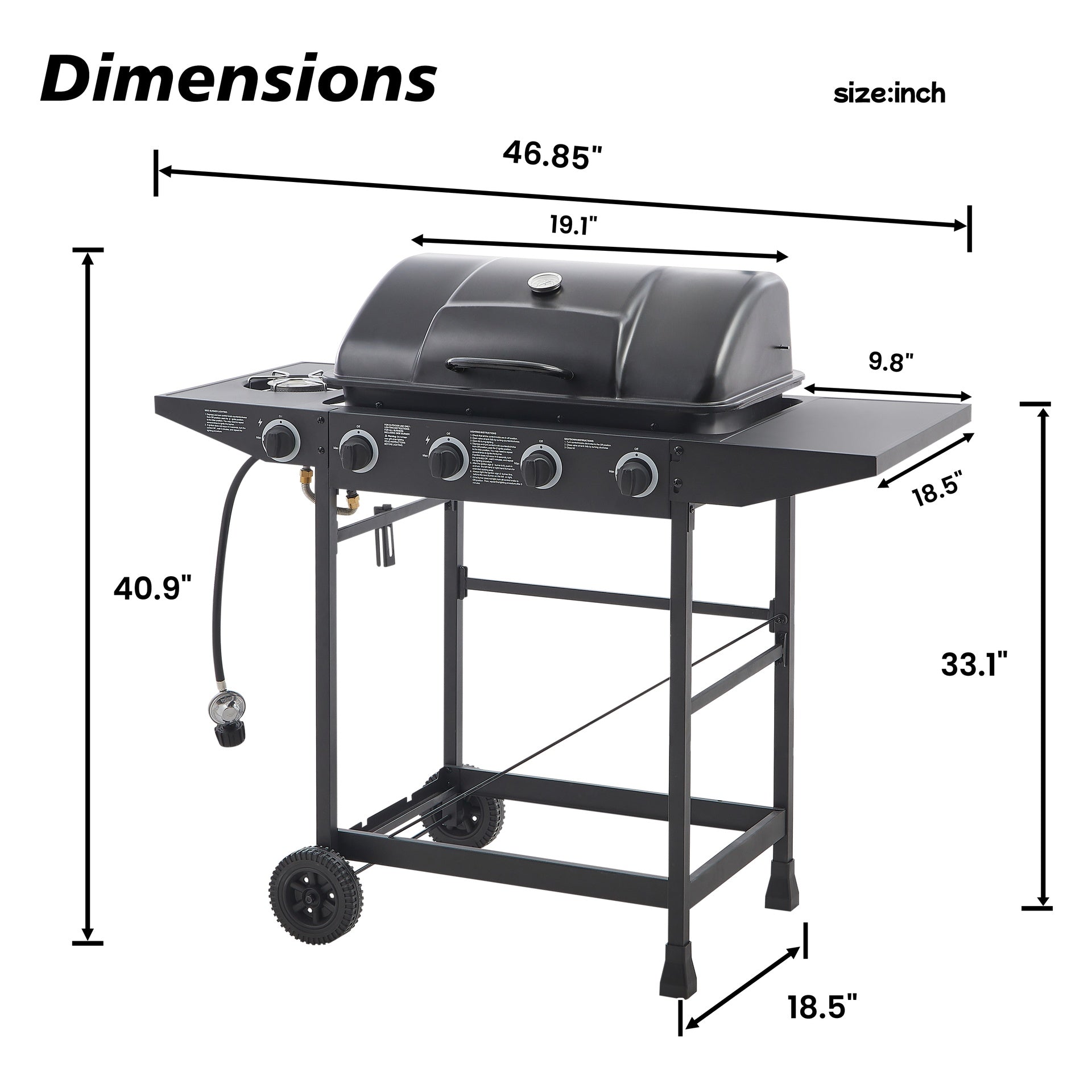 4 Burner BBQ Propane Gas Grill with Side Burner 42000 BTU Output Stainless Steel Barbecue Grill with Enamel-Coated Grates and Side Tables for Outdoor Cooking Kitchen and Patio Backyard.