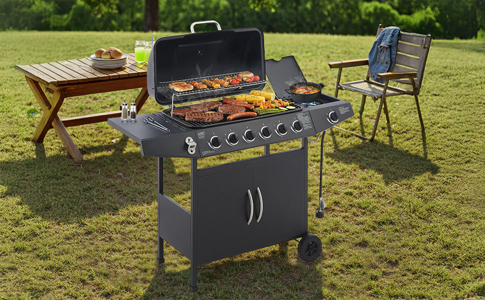 6 Burner BBQ Propane Gas Grill with Side Burner 59000 BTU Output Stainless Steel Barbecue Grill with Enamel-Coated Grates and Side Tables for Outdoor Cooking Kitchen and Patio Backyard.