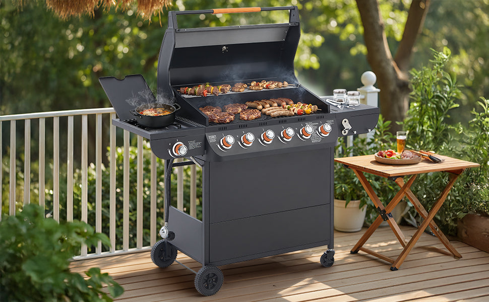6 Burner BBQ Propane Gas Grill with Side Burner 72000 BTU Output Stainless Steel Barbecue Grill with Cast Iron Grates and Side Tables for Outdoor Cooking Kitchen and Patio Backyard.