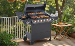 6 Burner BBQ Propane Gas Grill with Side Burner 72000 BTU Output Stainless Steel Barbecue Grill with Cast Iron Grates and Side Tables for Outdoor Cooking Kitchen and Patio Backyard.
