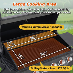 6 Burner BBQ Propane Gas Grill with Side Burner 72000 BTU Output Stainless Steel Barbecue Grill with Cast Iron Grates and Side Tables for Outdoor Cooking Kitchen and Patio Backyard.