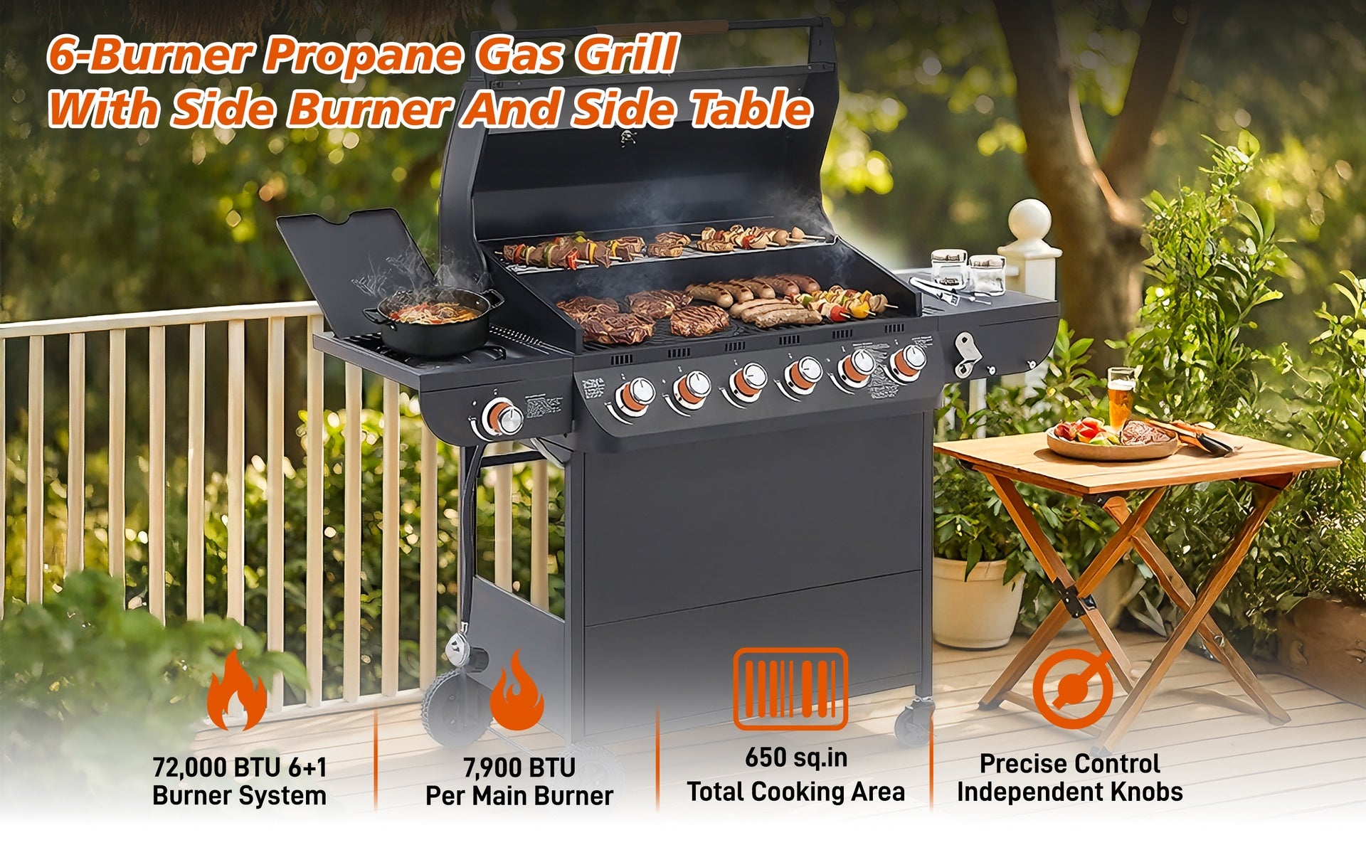 6 Burner BBQ Propane Gas Grill with Side Burner 72000 BTU Output Stainless Steel Barbecue Grill with Cast Iron Grates and Side Tables for Outdoor Cooking Kitchen and Patio Backyard.