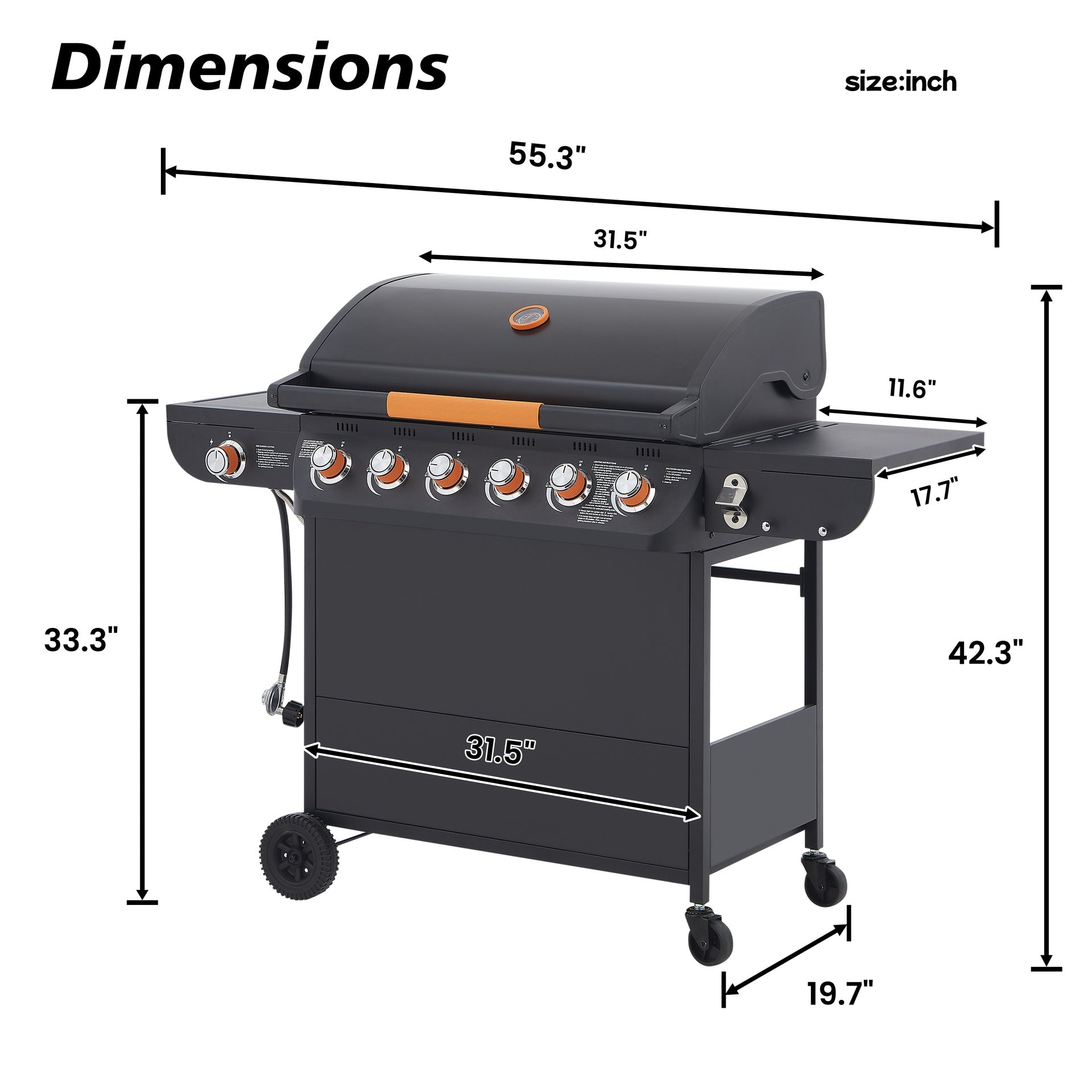 6 Burner BBQ Propane Gas Grill with Side Burner 72000 BTU Output Stainless Steel Barbecue Grill with Cast Iron Grates and Side Tables for Outdoor Cooking Kitchen and Patio Backyard.