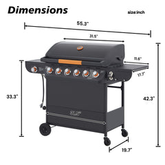 6 Burner BBQ Propane Gas Grill with Side Burner 72000 BTU Output Stainless Steel Barbecue Grill with Cast Iron Grates and Side Tables for Outdoor Cooking Kitchen and Patio Backyard.