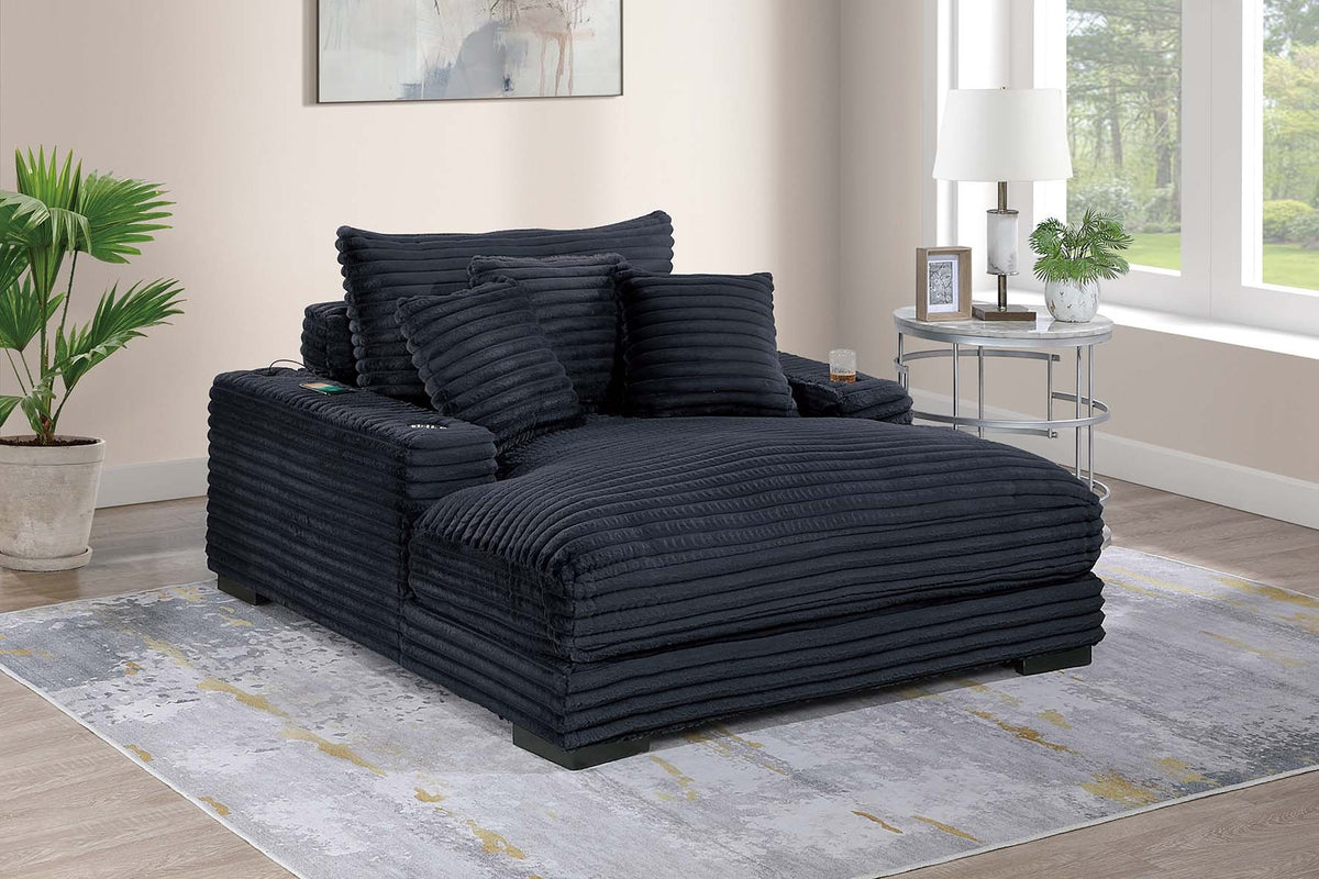 Modern Chaise Lounge w 2/ Cup Holders USB Ports Black Corduroy Wooden Legs Pillows Plush Couch Sofa Chaise