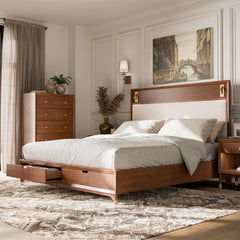 Mid-Century Modern 1pc Queen Size Bed w Storage Drawers Walnut Solid wood Upholstered HB Reading Light Bedroom Furniture
