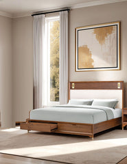 Mid-Century Modern 1pc Queen Size Bed w Storage Drawers Walnut Solid wood Upholstered HB Reading Light Bedroom Furniture
