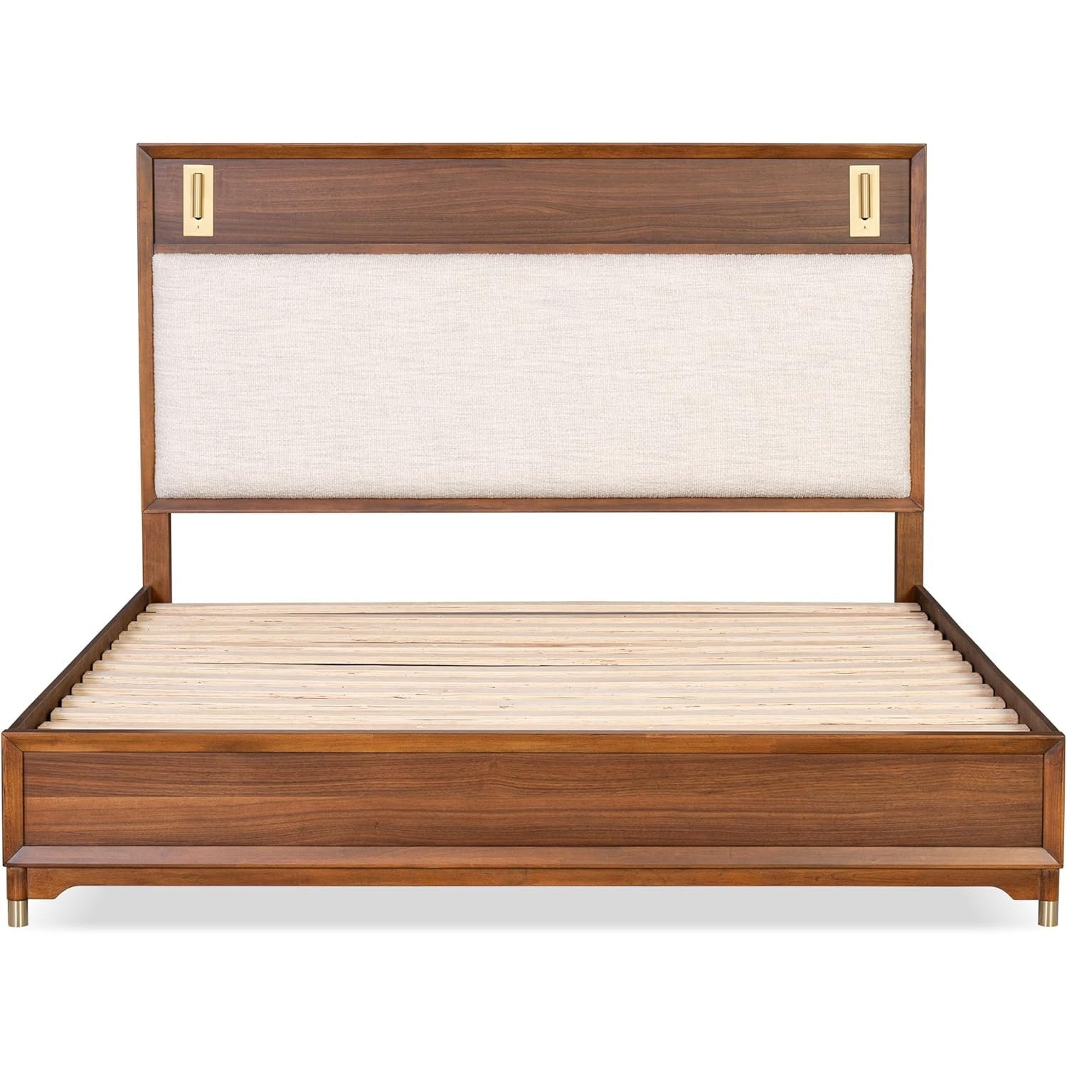 Mid-Century Modern Beautiful 1pc Eastern King Size Bed Walnut Solid wood Upholstered HB w Reading Light Bedroom Furniture