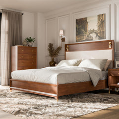 Mid-Century Modern Beautiful 1pc Eastern King Size Bed Walnut Solid wood Upholstered HB w Reading Light Bedroom Furniture