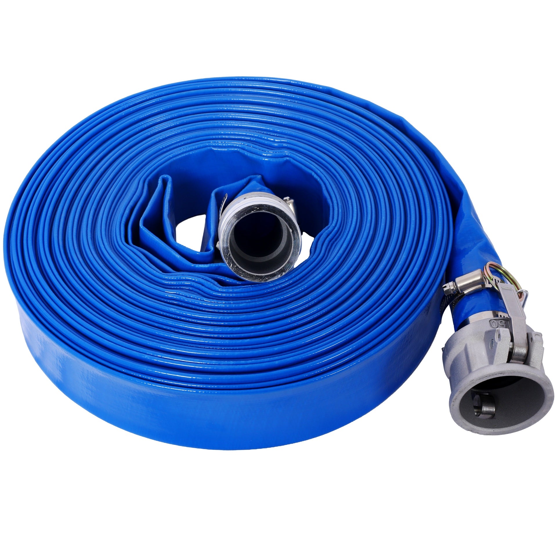 1.5" ID × 100 ft Pool Backwash Hose, Heavy Duty Reinforced Blue PVC Lay Flat Water Discharge Pump Hoses For Swimming Drain Pools and Clean Filters, with Aluminum Camlock C and E Fittings