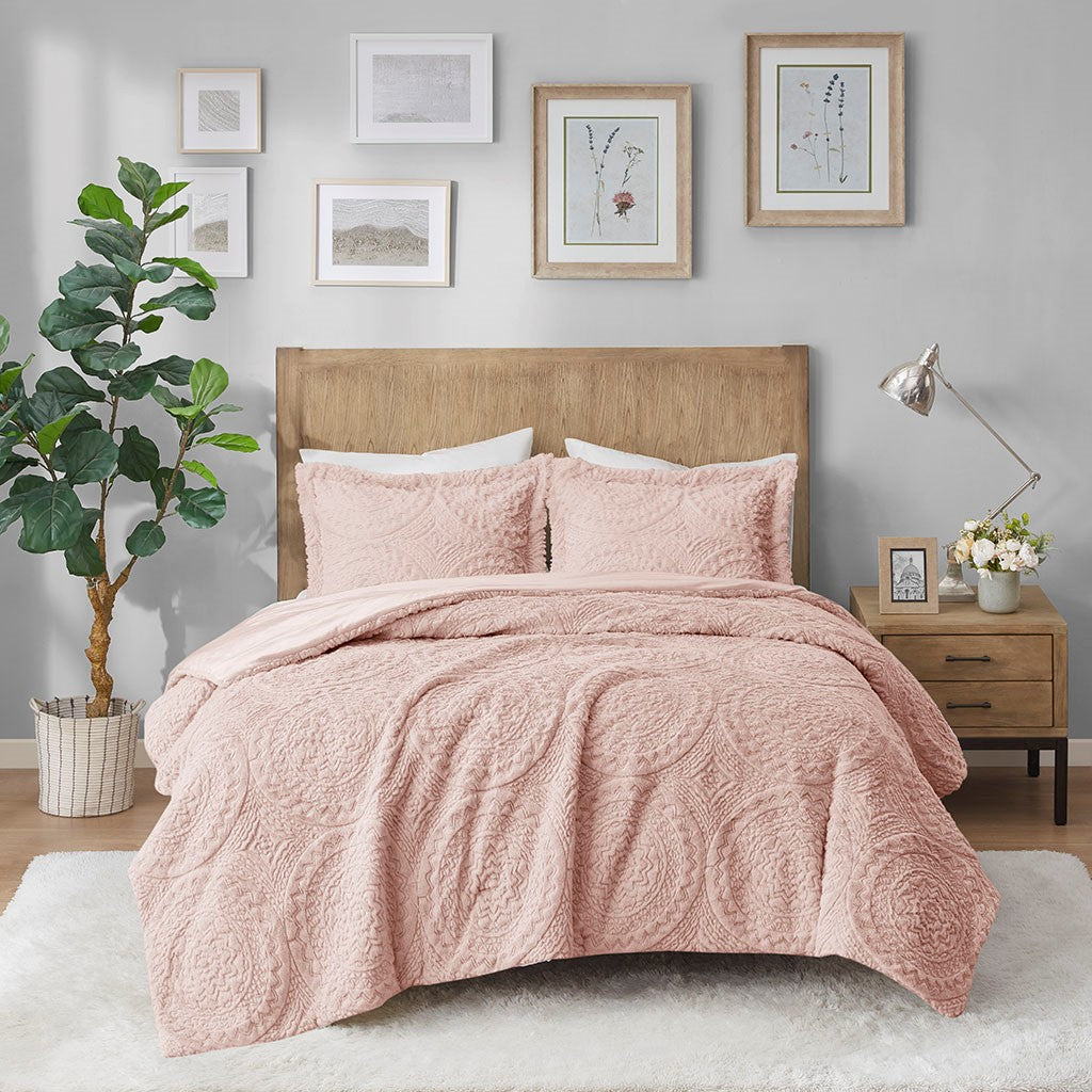Twin Embroidered Medallion Faux Fur Ultra Plush Comforter Mini Set
