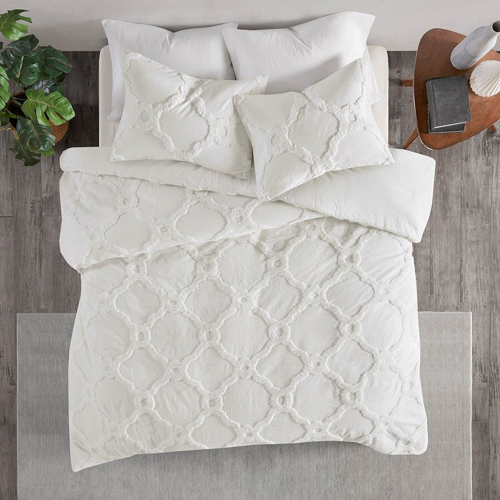 3 Piece Tufted Cotton Chenille Geometric Comforter Set Off-White Full/Queen