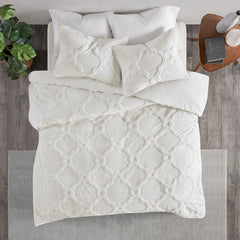 3 Piece Tufted Cotton Chenille Geometric Comforter Set Off-White Full/Queen
