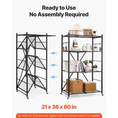 Folding Storage Shelf with Wheels 4-Tier No Assembly Organizer Shelf Black