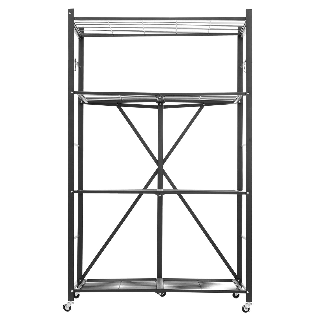 Folding Storage Shelf with Wheels 4-Tier No Assembly Organizer Shelf Black