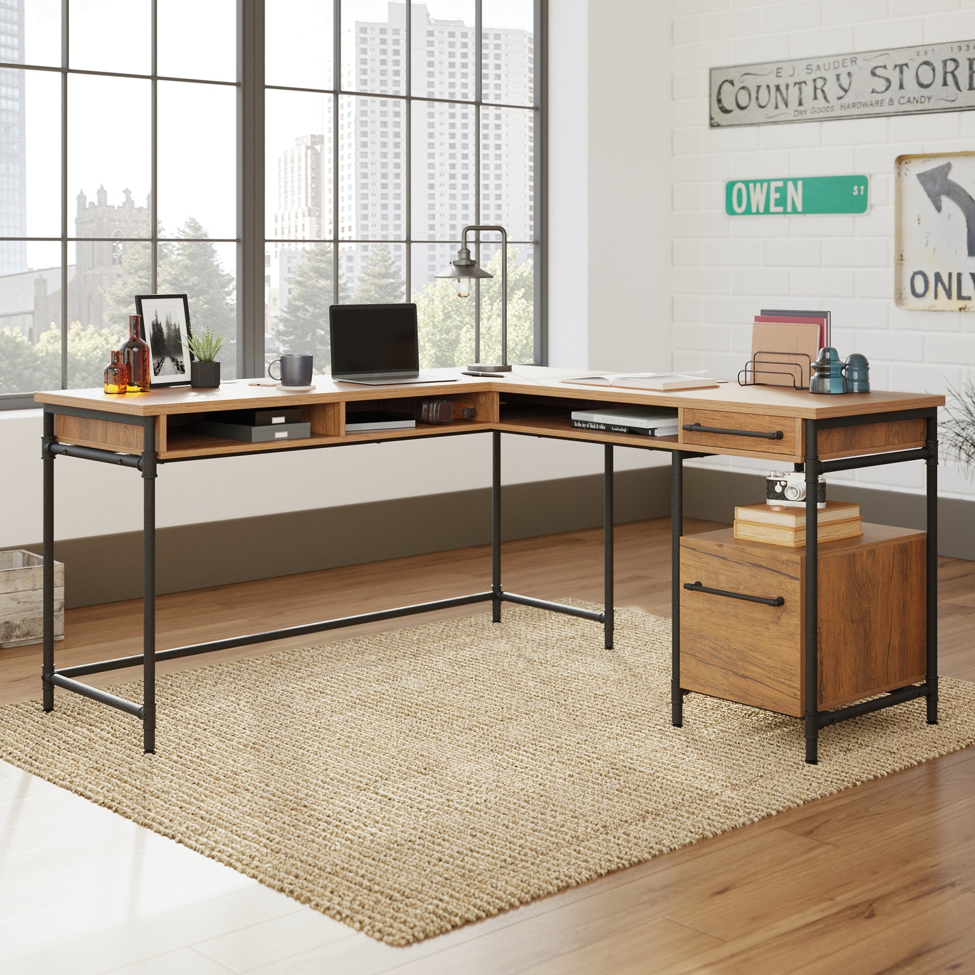 L-Shaped Desk with 1-Inch Thick Desktop, Brown finish