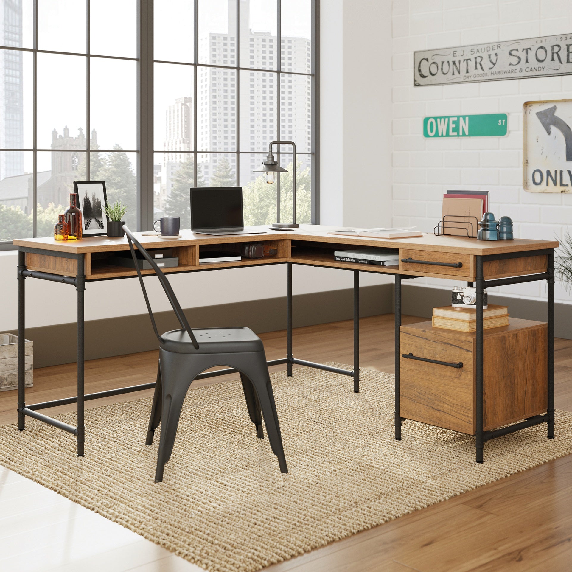 L-Shaped Desk with 1-Inch Thick Desktop, Brown finish