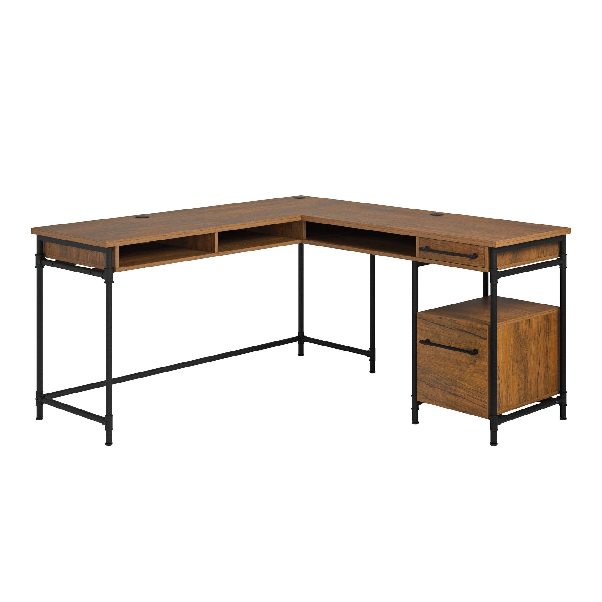 L-Shaped Desk with 1-Inch Thick Desktop, Brown finish